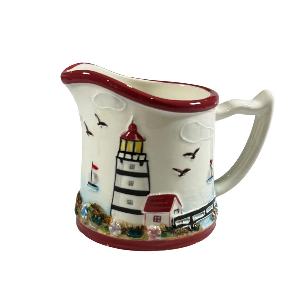 VTG KK Brand Lighthouse Coastal Ceramic Pitcher Small Nautical Beach House Decor